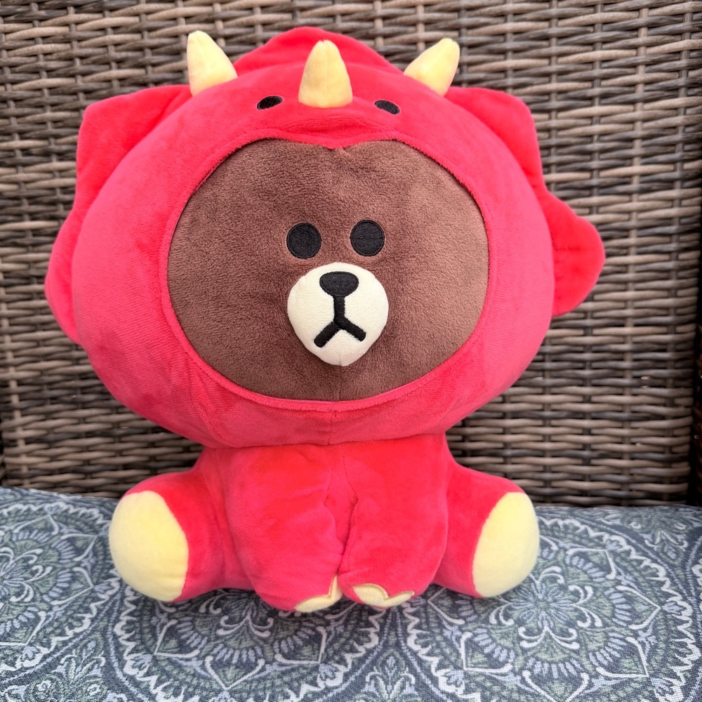LINE FRIENDS Jungle Brown Teddy Bear in Red Dinosaur Costume 14" Plush Toy